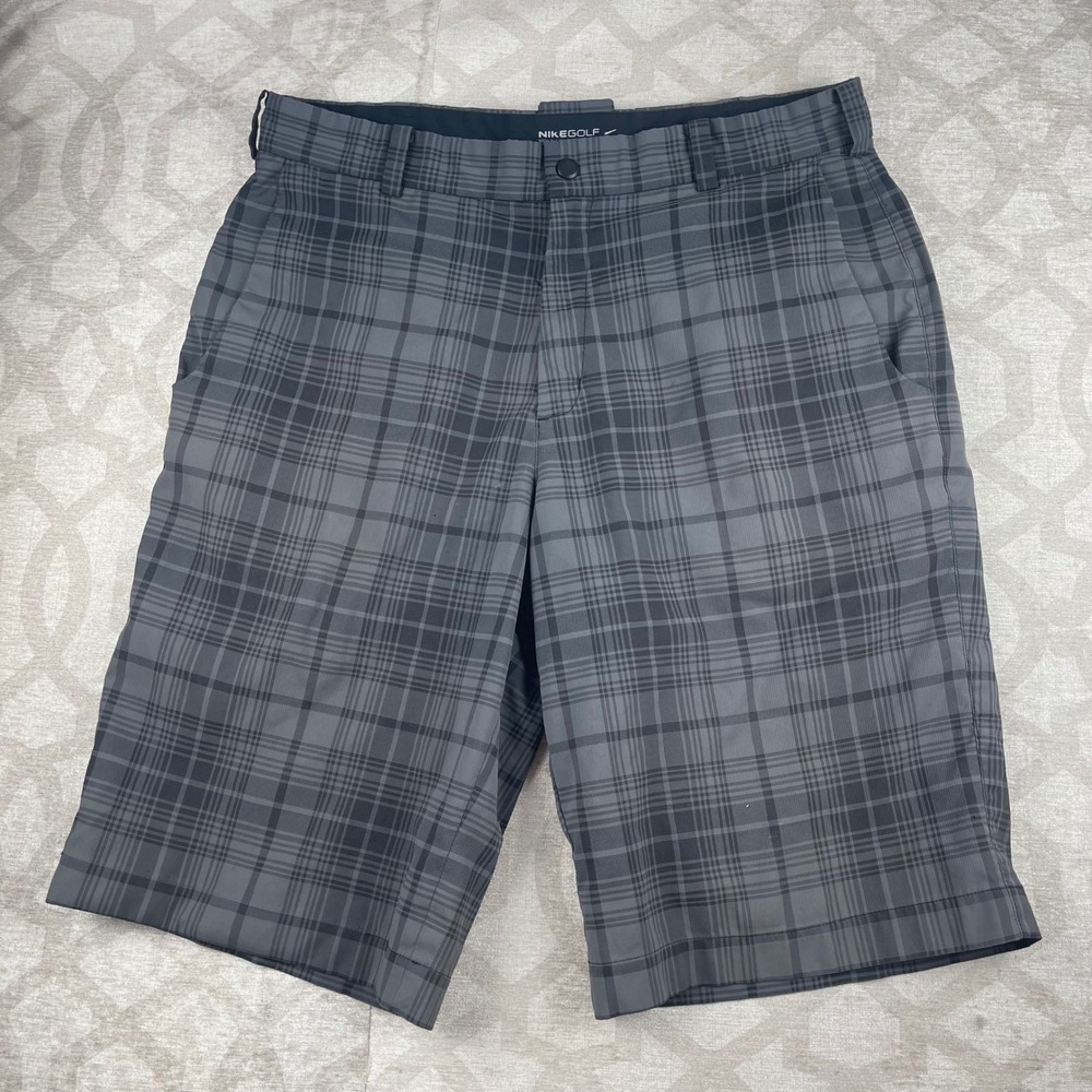 Nike Golf Dri-FIT Mens 32 Gray Plaid Excellent Flat Front Shorts 648319-010 2014